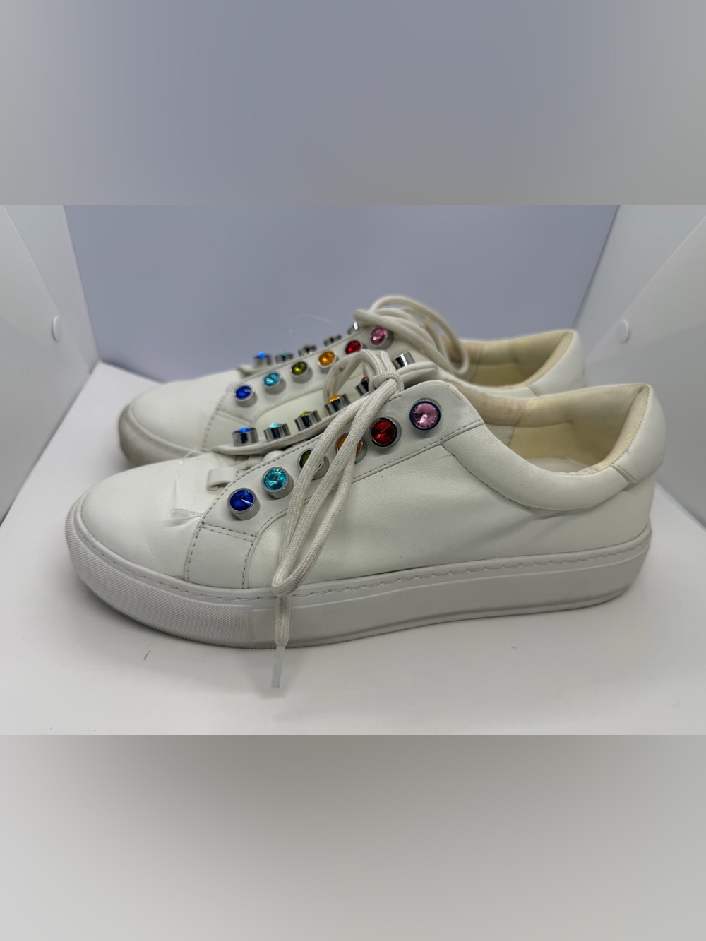 Kurt Geiger White Leather Low-Top Sneakers with Multicolor Gem Accents